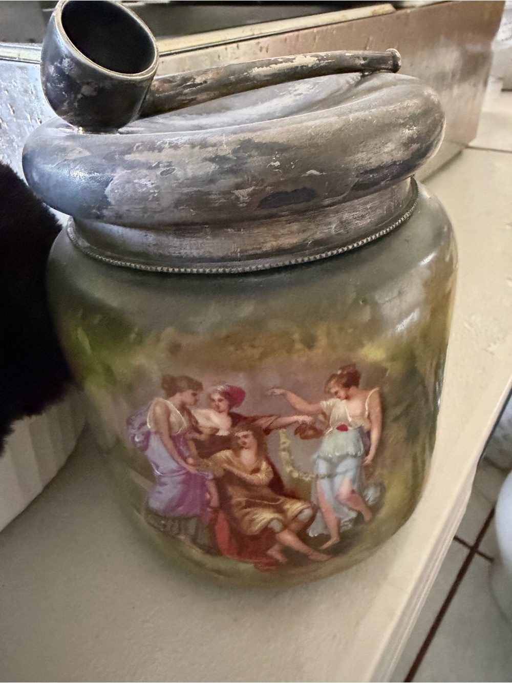 Antique-Style Hand-Painted Glass Jar with Figural Scene